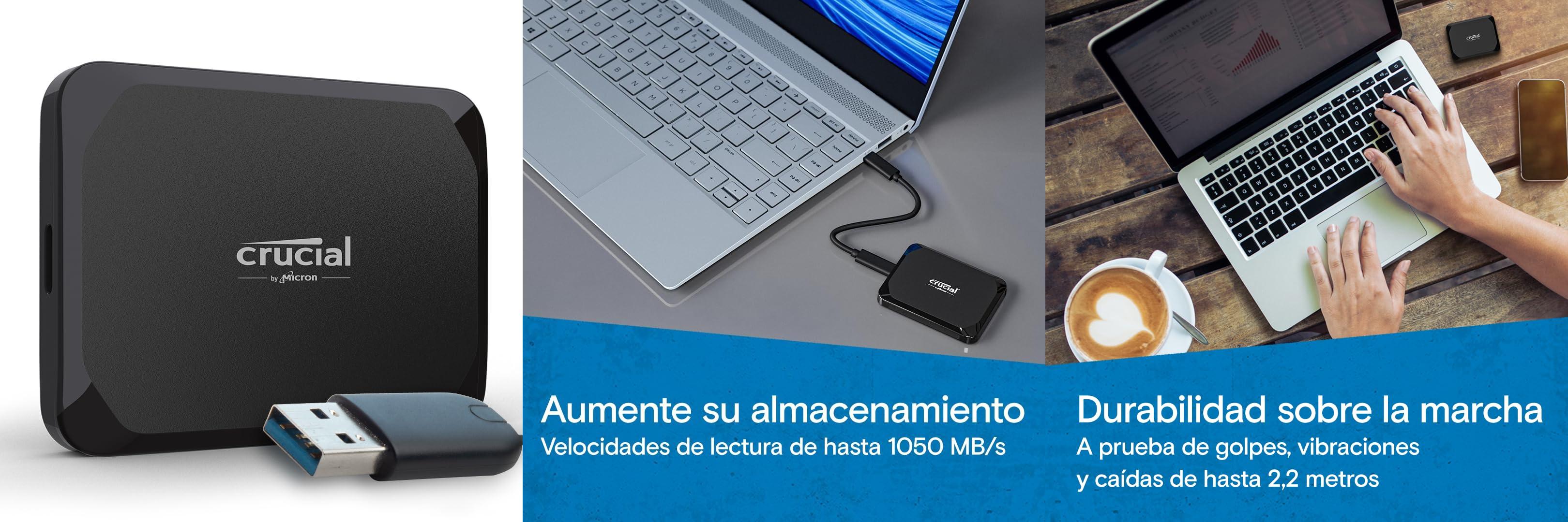 Crucial X9 de 2 TB: Almacenamiento externo rápido y seguro para PC y Mac con Mylio Photos+ y adaptador USB-A incluido